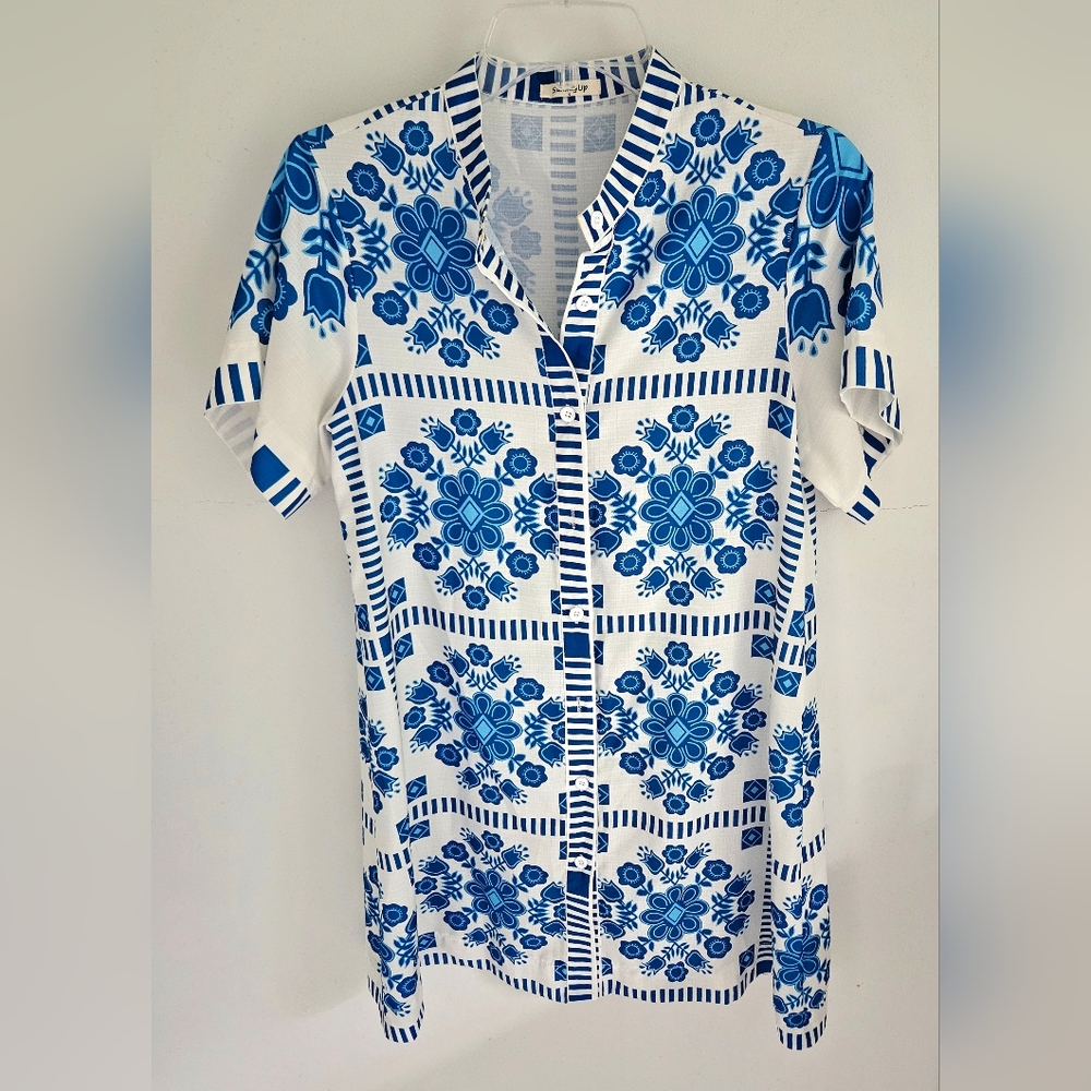 Sunday Up Dress Blue and White Patterned